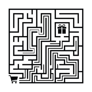 Shopping maze puzzle with cart and gift box vector illustration