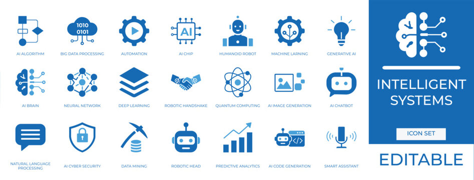 Intelligent Systems Vector Icon Set, Generative AI Brain, Cyber Security Machine Learning, Quantum Computing Neural Network, Chatbot Automation Icons
