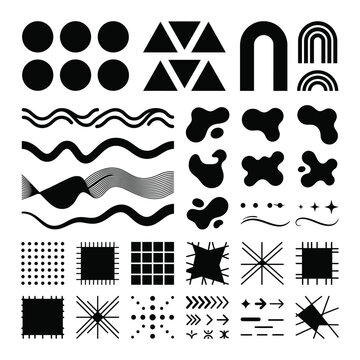 Set of minimalist geometric shapes, abstract lines, and doodle design elements vector