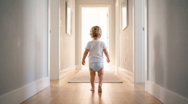 A toddler walking down a bright and airy hallway towards a sunny door