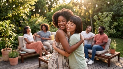 Fototapeta premium Two women hugging and smiling in a backyard garden party with friends