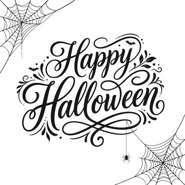 Happy Halloween calligraphy with decorative spider webs and spider vector frame