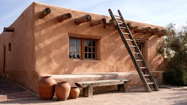 Adobe pueblo house featuring earth toned clay walls. Wooden window frames. Rustic log vigas. And a leaning handcrafted ladder