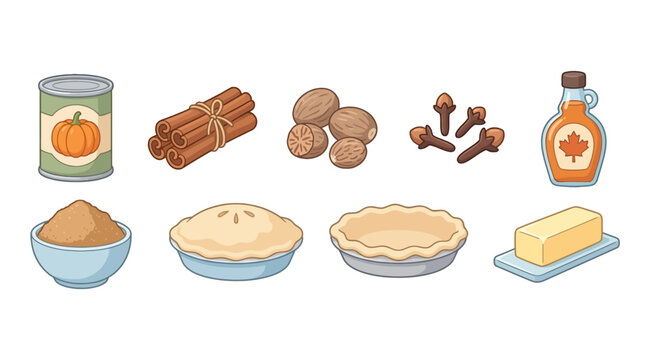 Cooking ingredients and baking essentials for pumpkin pie scene with spices crust butter and maple syrup