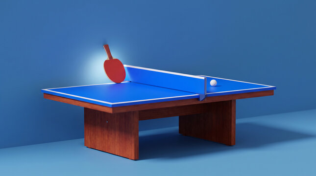 Ping pong table with red paddle. Table tennis equipment setup