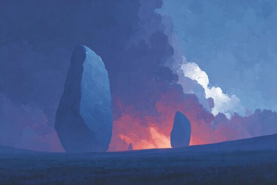 Two large rocks in the middle of a field surrounded by grass and a sky filled with clouds and fire.