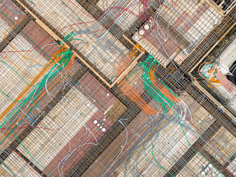 Colorful Electrical Wiring on Steel Mesh Construction Slab
