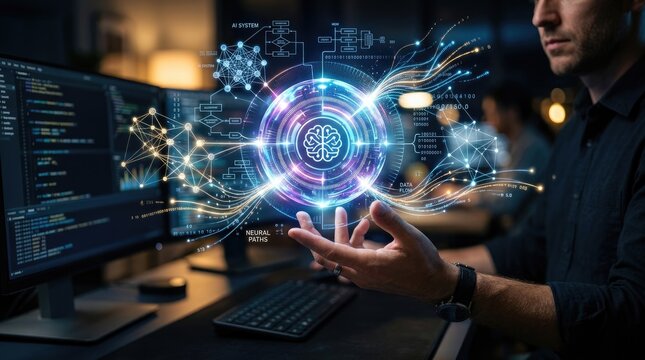 A man is intently working on a computer, surrounded by multiple monitors displaying complex code and neural network diagrams. A glowing, holographic 