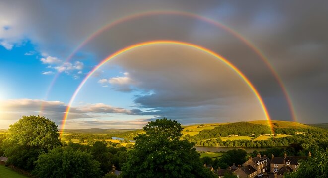 A vibrant double rainbow arcs over a serene landscape with lush green trees and rolling hills under a partly cloudy sky