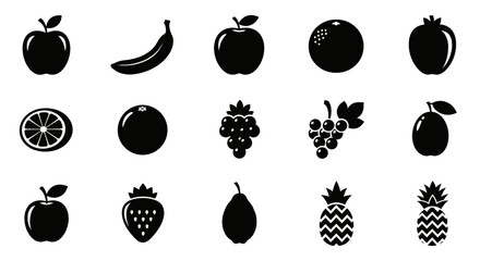 Black silhouettes of various fruits on white background with including apples bananas bananas berries arranged strawberry pineapple graphic with orange © Kamola