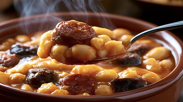Metal spoon is lifting a spoonful of hot fabada asturiana, a traditional spanish bean stew with faba beans, slices of chorizo, and morcilla, from a steaming clay bowl