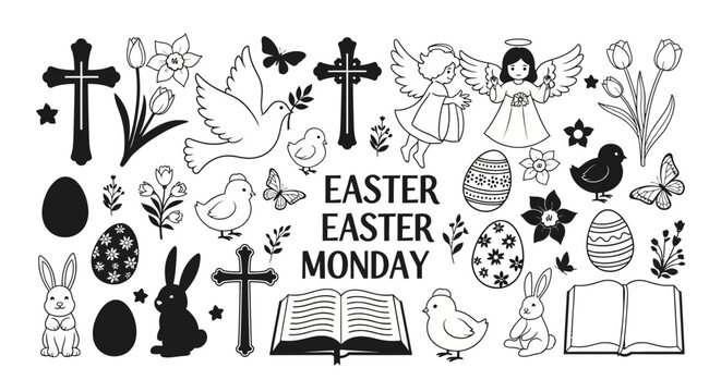 Easter monday icons with symbols including crosses collection black white crosses angels rabbits butterfly religion holiday flower spring with Bird