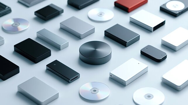 Various digital data storage devices including external hard drives, ssds, and cds arranged on a light blue background, representing modern concepts of archiving and information transfer