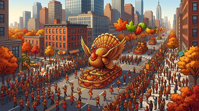 Festive city parade featuring a giant turkey float and marching band
