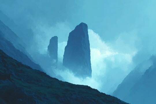 A majestic mountain range with a large rock formation in the middle of it surrounded by lush green hills and a bright blue sky in the background.