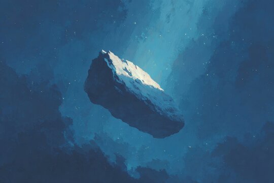 An iceberg floating in the ocean at night illuminated by a starry sky. the iceberg is surrounded by a deep blue hue and the stars twinkle in the night sky creating a and serene atmosphere.