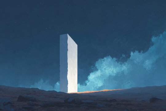 An obelisk in the middle of a desert at night illuminated by the moonlight. the obelisks are surrounded by a vast expanse of sand and the sky is filled with stars.
