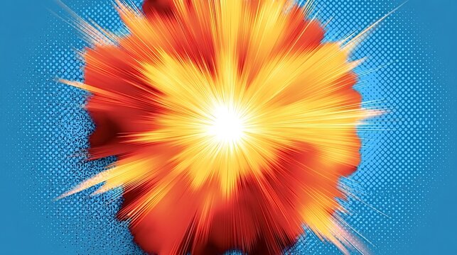 Vibrant comic book explosion featuring a bright radial light burst with orange and red colors, contrasted against a blue halftone dot pop art background, symbolizing energy and impact