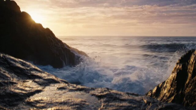 Dramatic Ocean Waves Crashing Against Rocky Shore at Sunset.