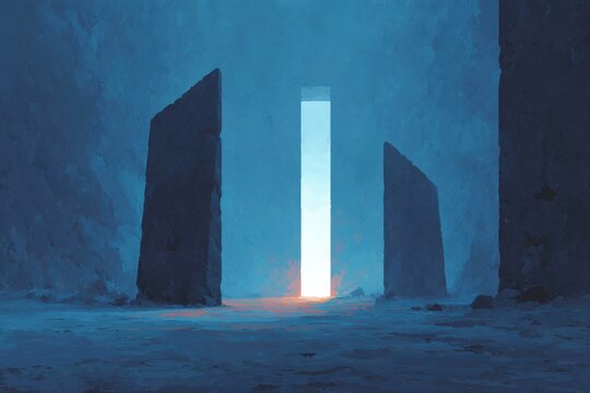 Three pillars in the middle of a dark cave illuminated by a light at the end. the pillars are arranged in a triangular formation with the light emanating from one of them casting a warm glow on the.