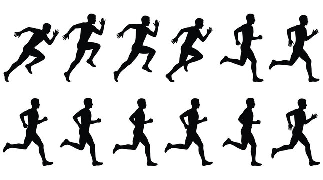 Multiple runners in motion. Silhouette of people running.