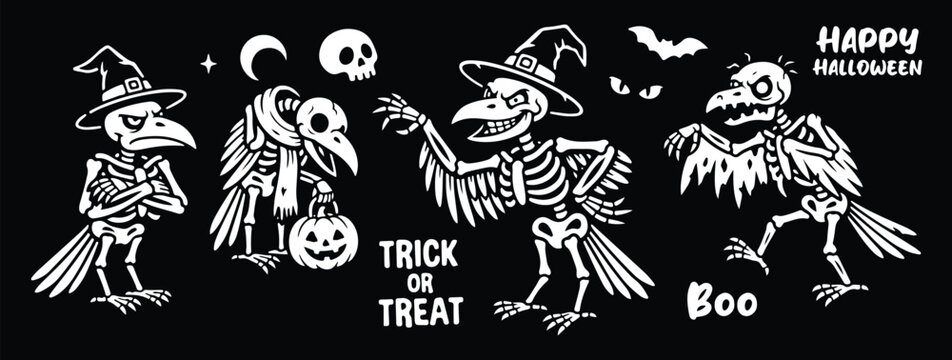 Halloween skeleton bird characters. Spooky raven crow set for holiday party design.