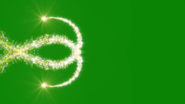 Magical golden particle trails with colorful glitter forming a triple loop design on green background