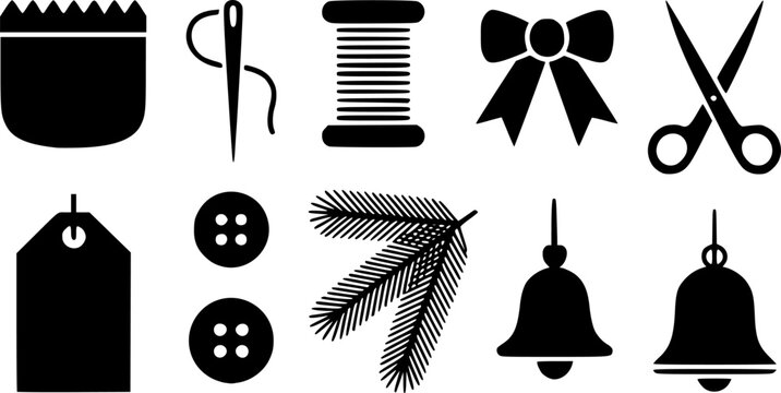 Black silhouette DIY and sewing icon set featuring a pocket, needle and thread, spool, bow, scissors, tag, buttons, pine branch, and Christmas bells.