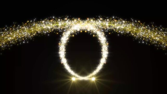 Symmetrical golden light flares creating a magical circular particle ring on black background