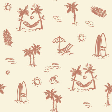 Hand drawn  doodle set of summer beach elements including a palm tree, surf,  sun, seamless pattern