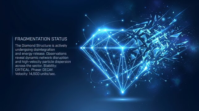 Digital diamond fragmentation status: a futuristic concept showing a glowing blue diamond disintegrating into particles, representing data network disruption and critical phase decay