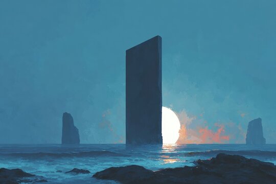 A tall tower in the middle of a body of water surrounded by rocks at the bottom and a sky in the background. the sun is setting casting a warm orange glow over the scene.