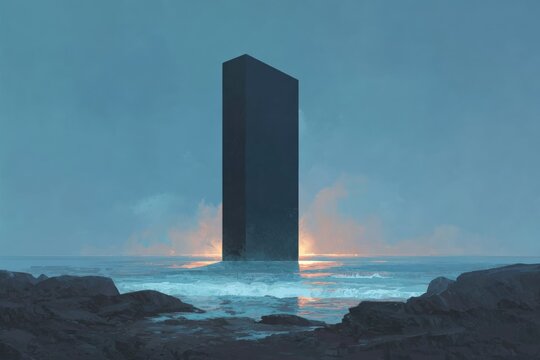 A tall tower in the middle of a body of water.