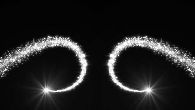 Symmetrical silver particle trails forming a magical infinity loop with double lens flares on black background