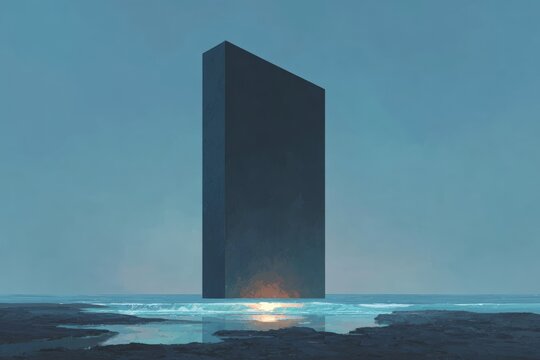 A tall black tower standing in the middle of a body of water with the sky in the background. the tower appears to be a memorial with its intricate details and shape standing out against the vast.