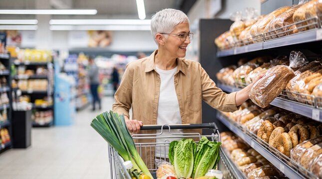 A smiling senior woman shopping for groceries in a modern supermarket aisle, selecting a loaf of bread