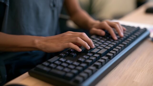 A person typing on a black keyboard placed on a wooden desk  hands positioned for efficient keystroke input