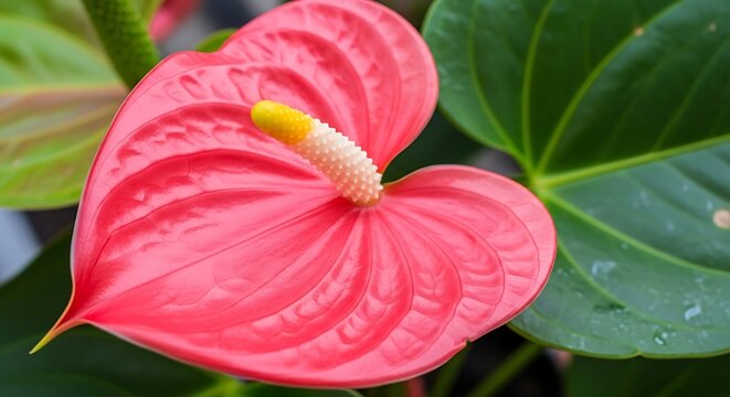 A vibrant pink anthurium flower with a long yellow spadix and heart-shaped petals beside large green leaves
