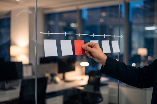 Person placing red sticky note on timeline diagram with arrow and light boxes on glass wall, marking progress or status update in agile project management and workflow tracking, modern office setting