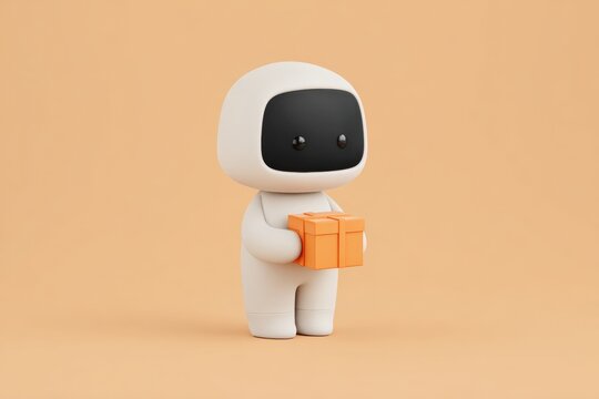 A white robot holding an orange gift box in its hands against an orange background.
