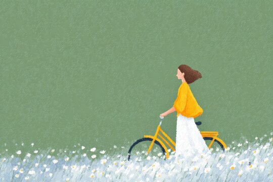 A woman riding a yellow bicycle through a field of daisies. she is wearing a white dress and the background is a lush green.