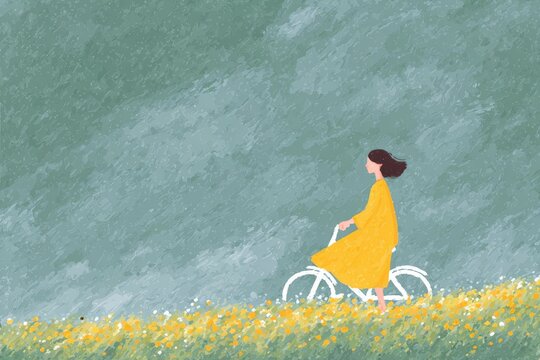 A woman in a yellow dress riding a bicycle through a field of yellow flowers with a green background.
