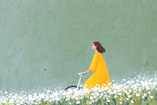 A woman in a yellow dress riding a bicycle through a field of daisies with a wall in the background.