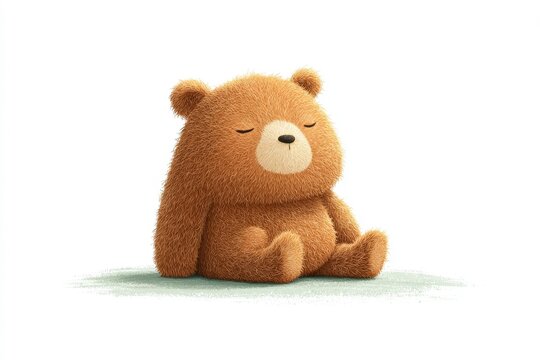 A small brown teddy bear sitting on top of a white surface with its eyes closed as if it is sleeping.
