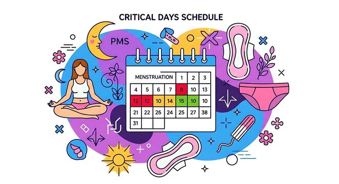 A vibrant infographic illustrating a woman's menstrual cycle with calendar, icons