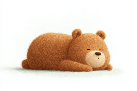 A brown teddy bear sitting on top of a white surface with its head resting on its paws and its eyes closed as if it is sleeping peacefully.