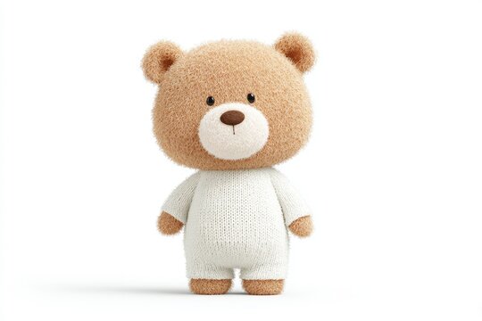 A small teddy bear wearing a white sweater