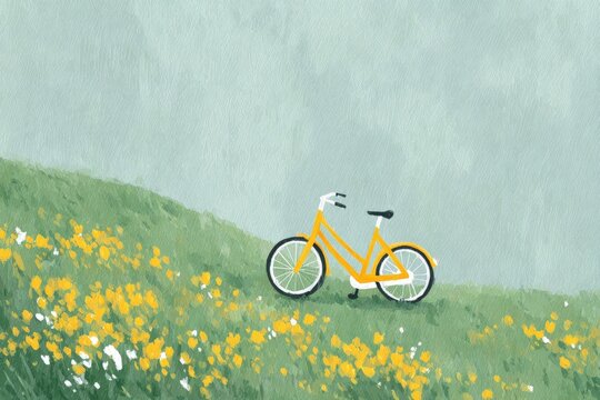 A yellow bicycle parked in a field of yellow flowers surrounded by lush green grass and a bright blue sky.