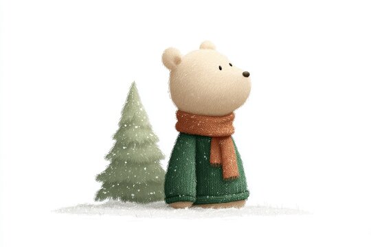 A teddy bear wearing a green dress and scarf standing in the snow next to a christmas tree. the background is a pristine white creating a peaceful winter scene.