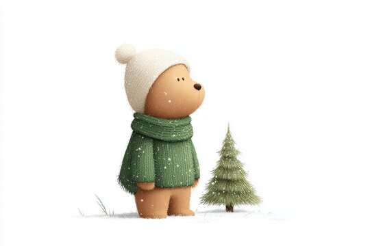 A teddy bear wearing a green scarf and a white cap standing in the snow next to a christmas tree. the background is a pristine white creating a peaceful winter scene.